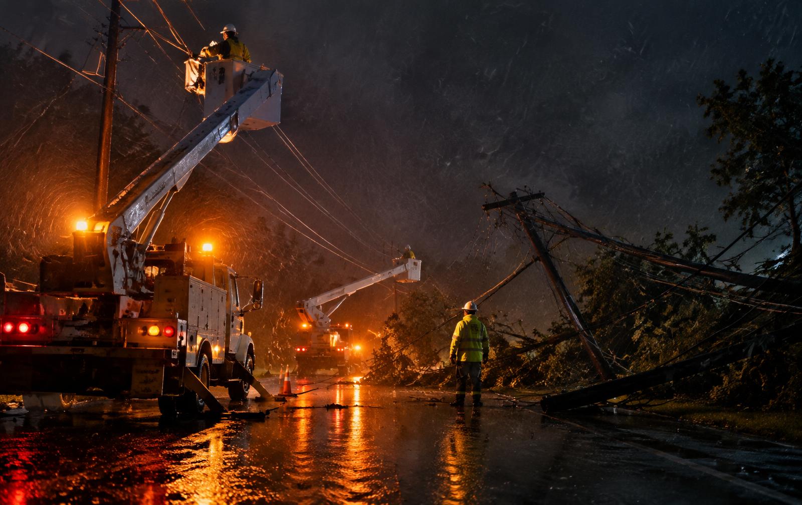 Storm restoration crew working bucket trucks at night